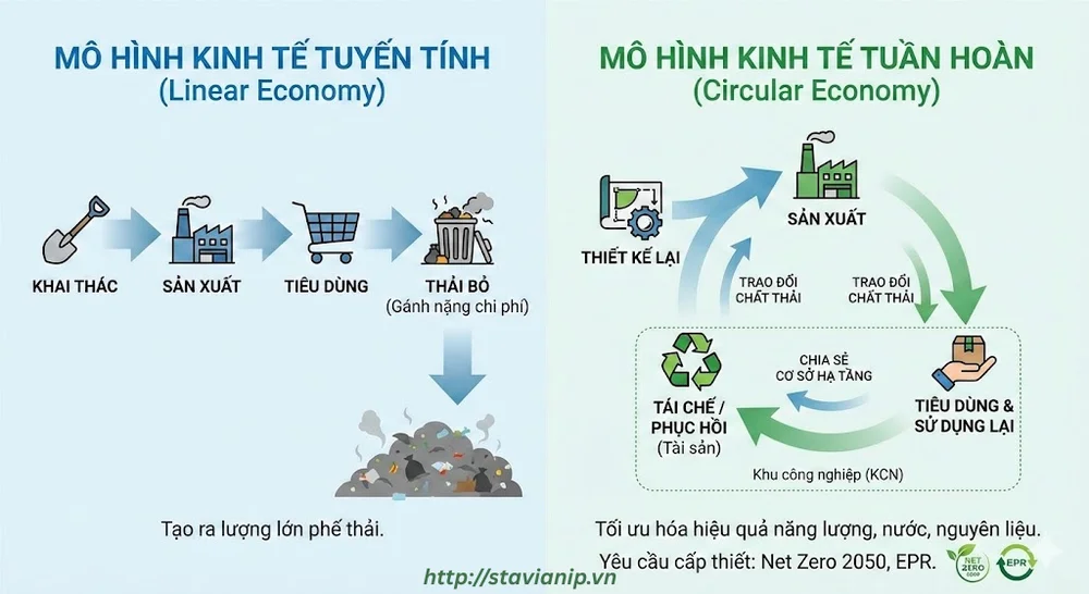 Sơ đồ so sánh mô hình Kinh tế Tuyến tính với Kinh tế Tuần hoàn